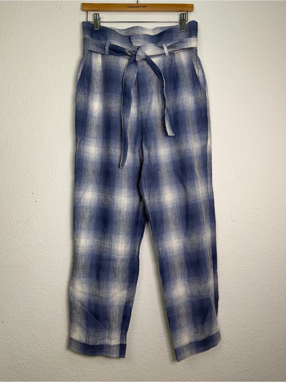 Reformation Blue & White Plaid Paperbag Waist Linen Chinos, Size 6